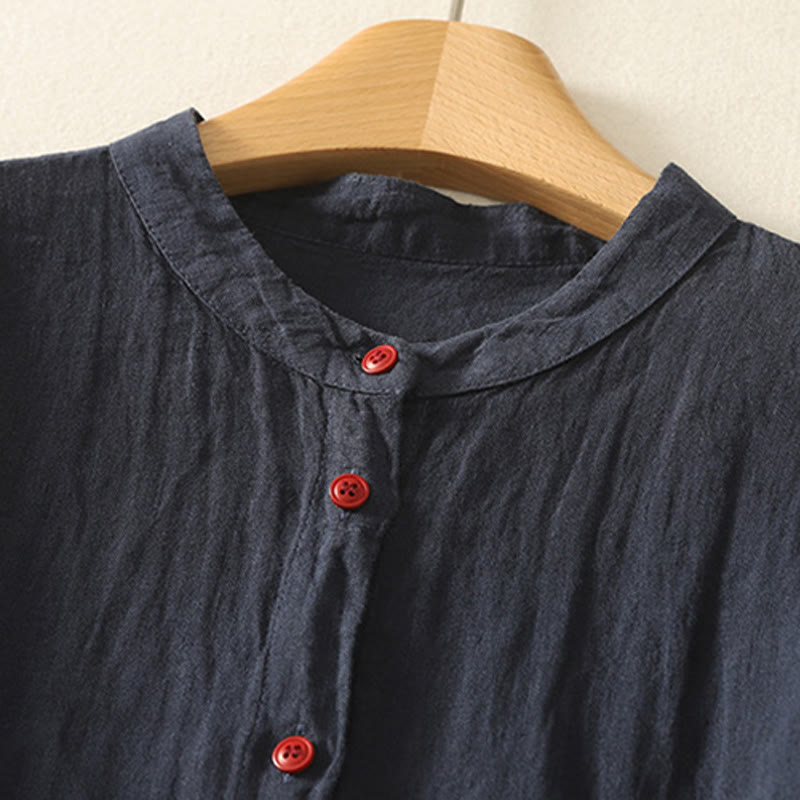 Buddha Stones Summer Plain Red Buttons Short Sleeve Women's Cotton Linen Shirt