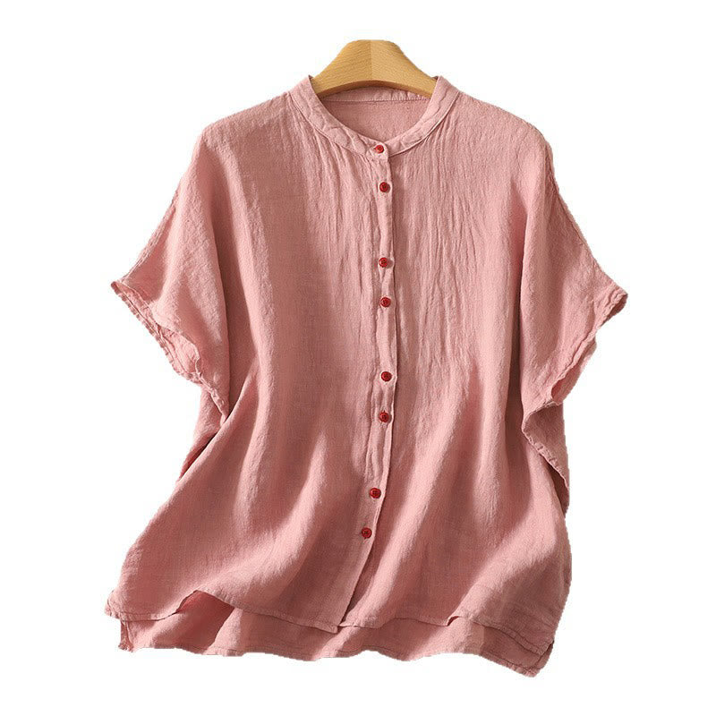 Buddha Stones Summer Plain Red Buttons Short Sleeve Women's Cotton Linen Shirt