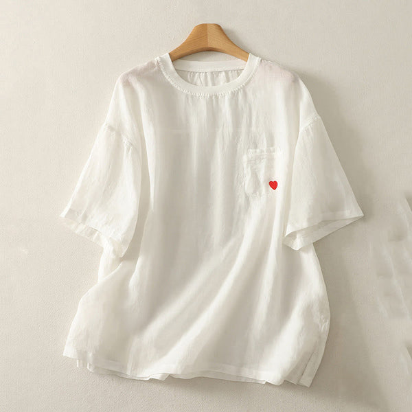 Buddha Stones Casual Embroidery Red Heart Short Sleeve Women's Cotton Linen T-Shirt