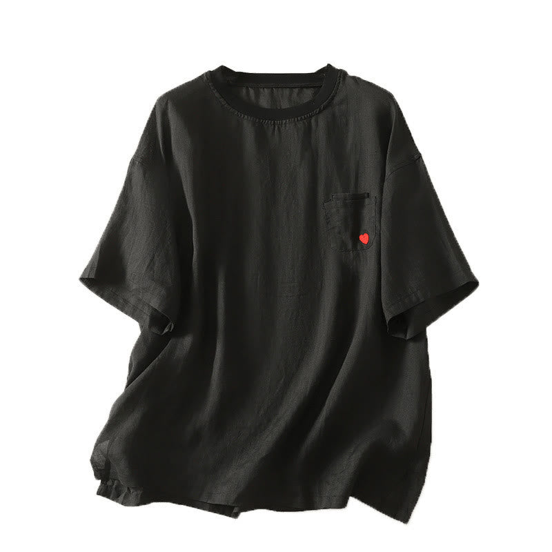 Buddha Stones Casual Embroidery Red Heart Short Sleeve Women's Cotton Linen T-Shirt