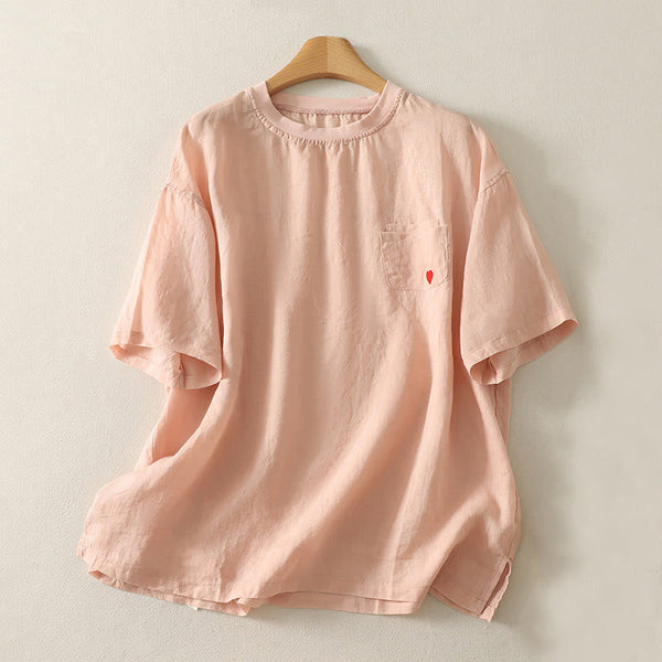 Buddha Stones Casual Embroidery Red Heart Short Sleeve Women's Cotton Linen T-Shirt