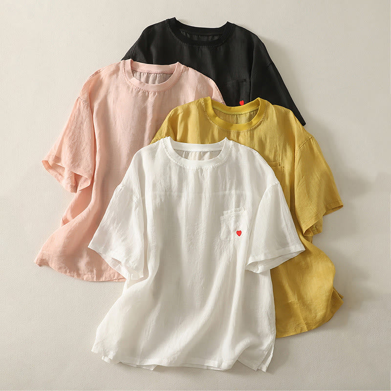 Buddha Stones Casual Embroidery Red Heart Short Sleeve Women's Cotton Linen T-Shirt