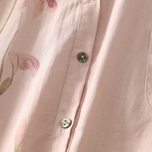 Buddha Stones Casual Daily Printing Lily Pattern Half Puff Sleeve Women's Cotton Linen Shirt