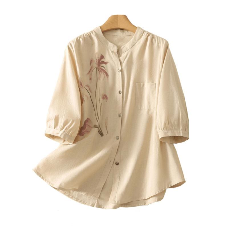 Buddha Stones Casual Daily Printing Lily Pattern Half Puff Sleeve Women's Cotton Linen Shirt