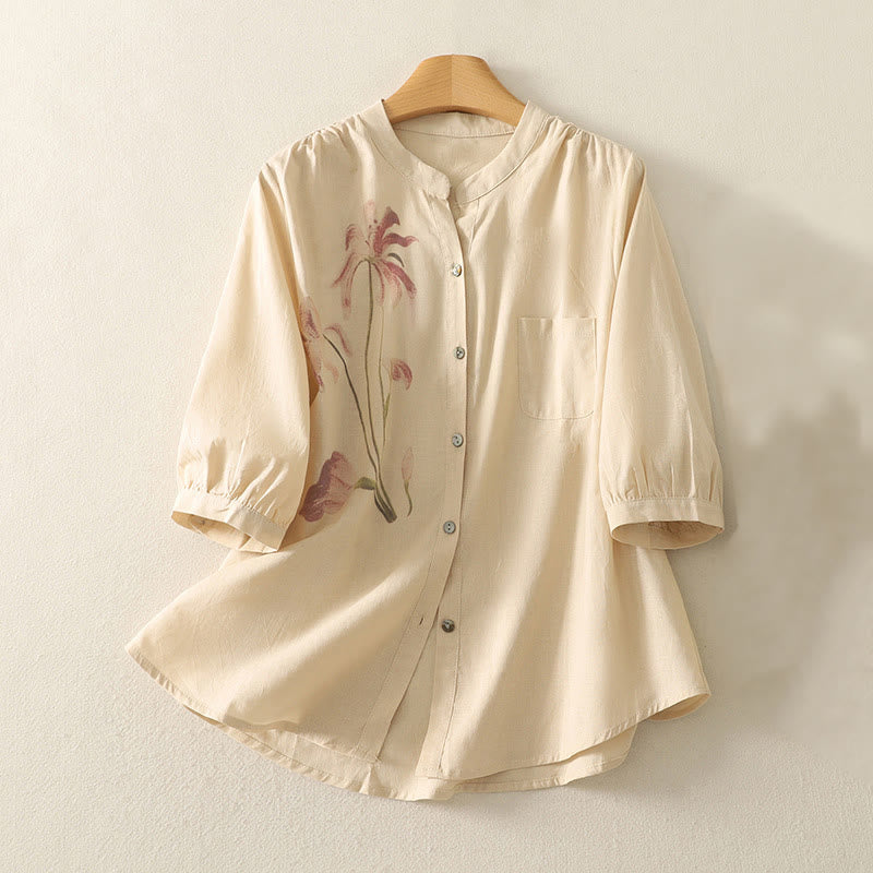 Buddha Stones Casual Daily Printing Lily Pattern Half Puff Sleeve Women's Cotton Linen Shirt