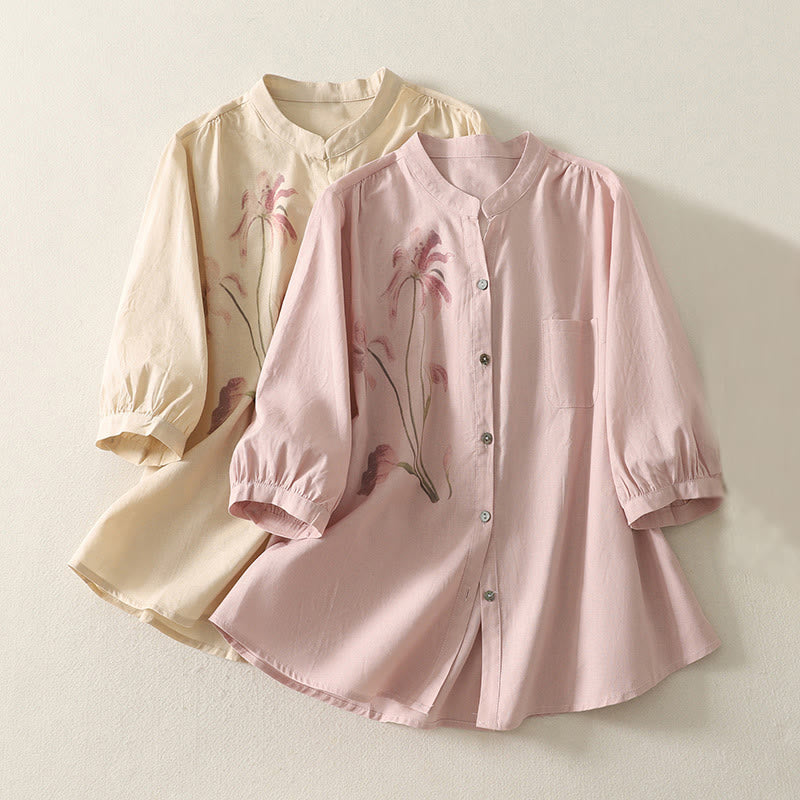 Buddha Stones Casual Daily Printing Lily Pattern Half Puff Sleeve Women's Cotton Linen Shirt