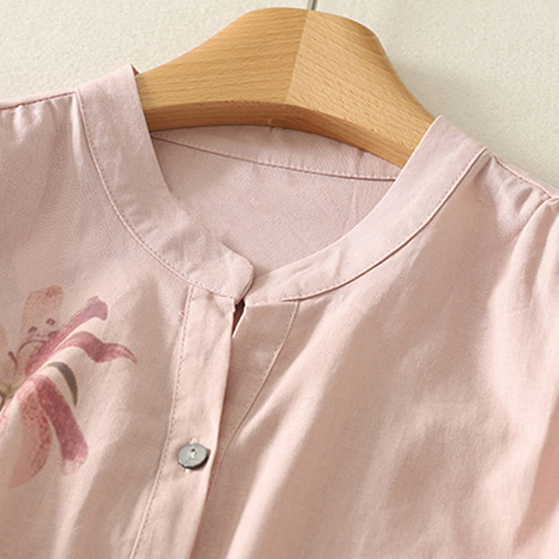 Buddha Stones Casual Daily Printing Lily Pattern Half Puff Sleeve Women's Cotton Linen Shirt