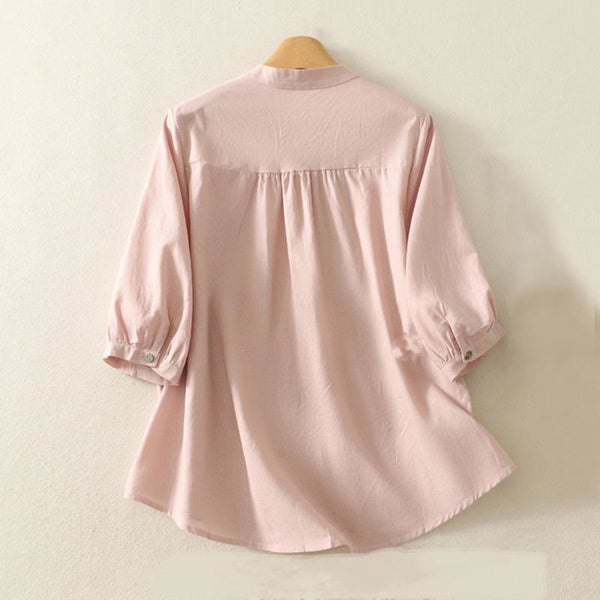 Buddha Stones Casual Daily Printing Lily Pattern Half Puff Sleeve Women's Cotton Linen Shirt