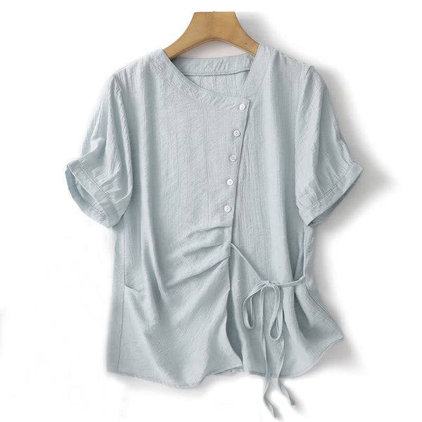 Buddha Stones Casual Plain Asymmetrical Lace-Up Design Puff Short Sleeve Women's Cotton Shirt