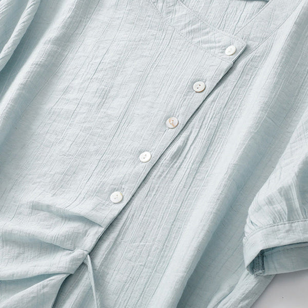Buddha Stones Casual Plain Asymmetrical Lace-Up Design Puff Short Sleeve Women's Cotton Shirt