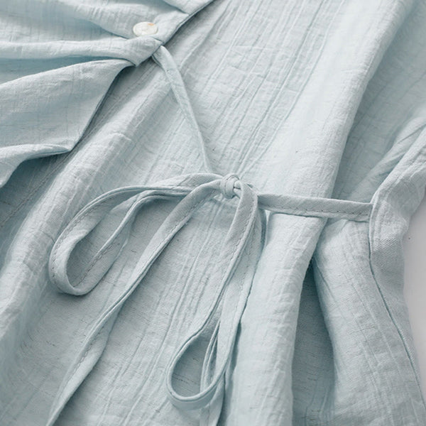 Buddha Stones Casual Plain Asymmetrical Lace-Up Design Puff Short Sleeve Women's Cotton Shirt