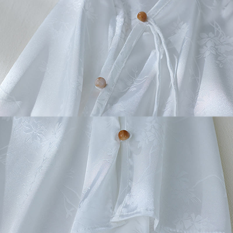 Buddha Stones Summer Solid Color Jacquard Flower Slit Design Three Quarter Sleeve Women's Shirt