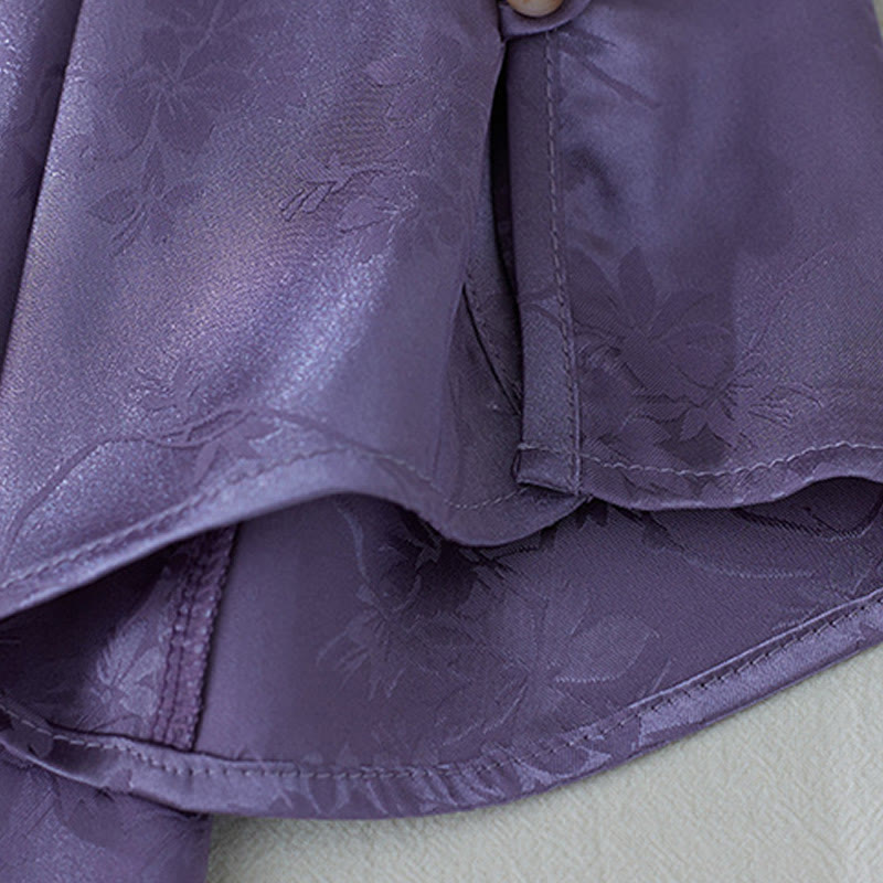 Buddha Stones Summer Solid Color Jacquard Flower Slit Design Three Quarter Sleeve Women's Shirt