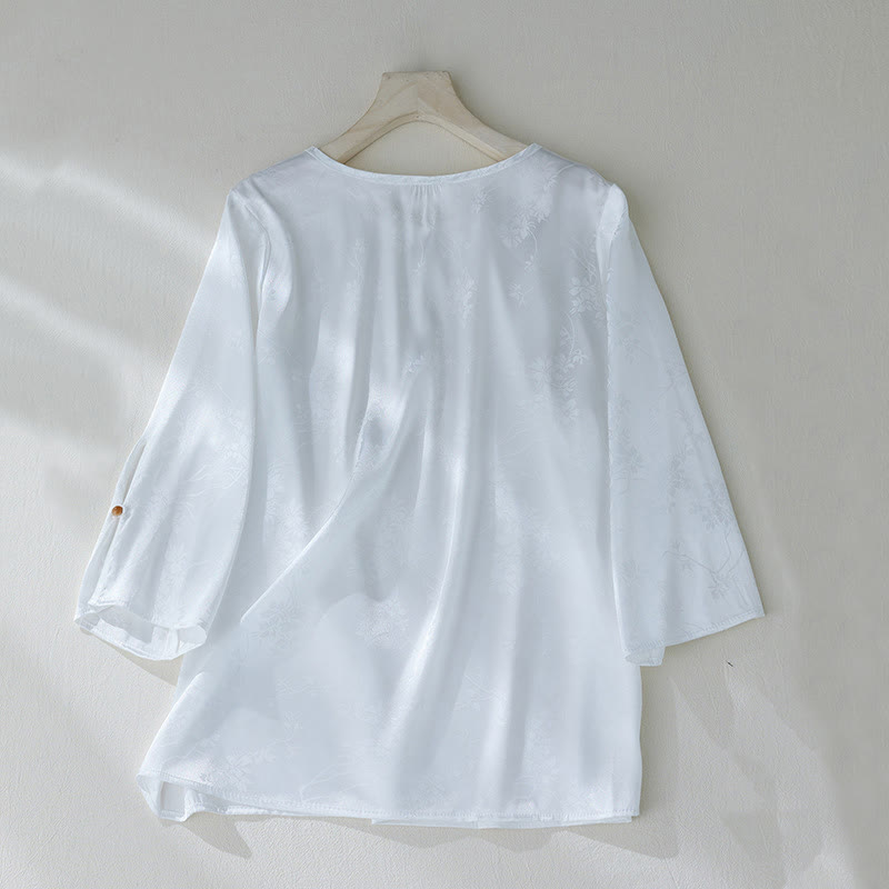 Buddha Stones Summer Solid Color Jacquard Flower Slit Design Three Quarter Sleeve Women's Shirt