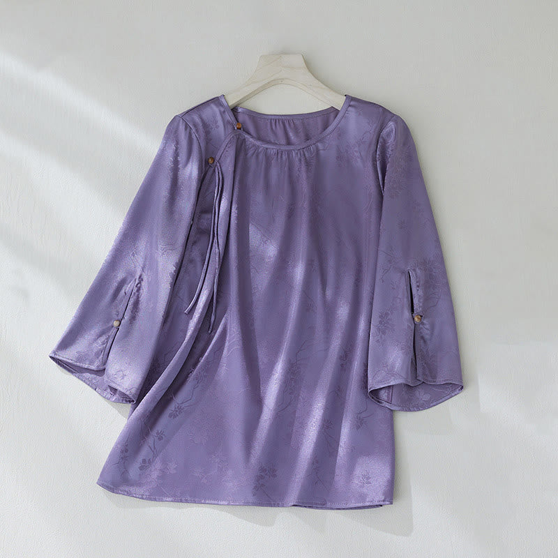 Buddha Stones Summer Solid Color Jacquard Flower Slit Design Three Quarter Sleeve Women's Shirt