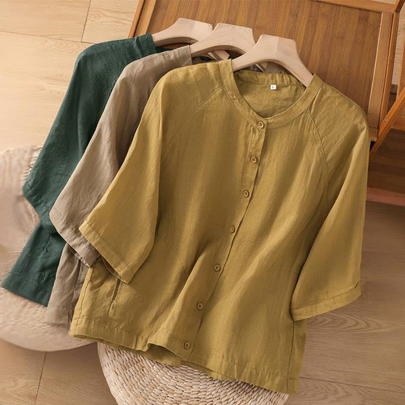 Buddha Stones Vintage Three Quarter Sleeve Cotton Linen Women's Shirt With Pockets