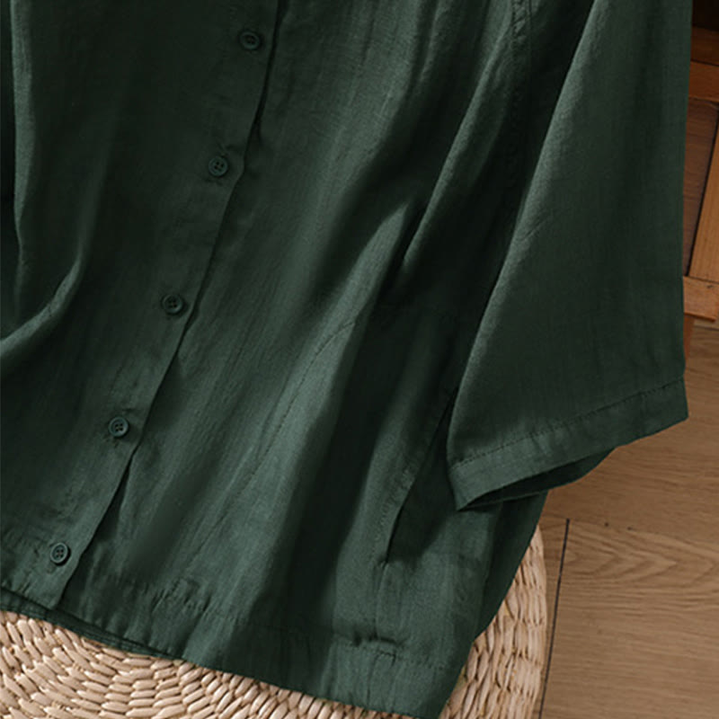 Buddha Stones Vintage Three Quarter Sleeve Cotton Linen Women's Shirt With Pockets