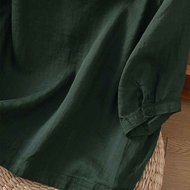 Buddha Stones Vintage Three Quarter Sleeve Cotton Linen Women's Shirt With Pockets