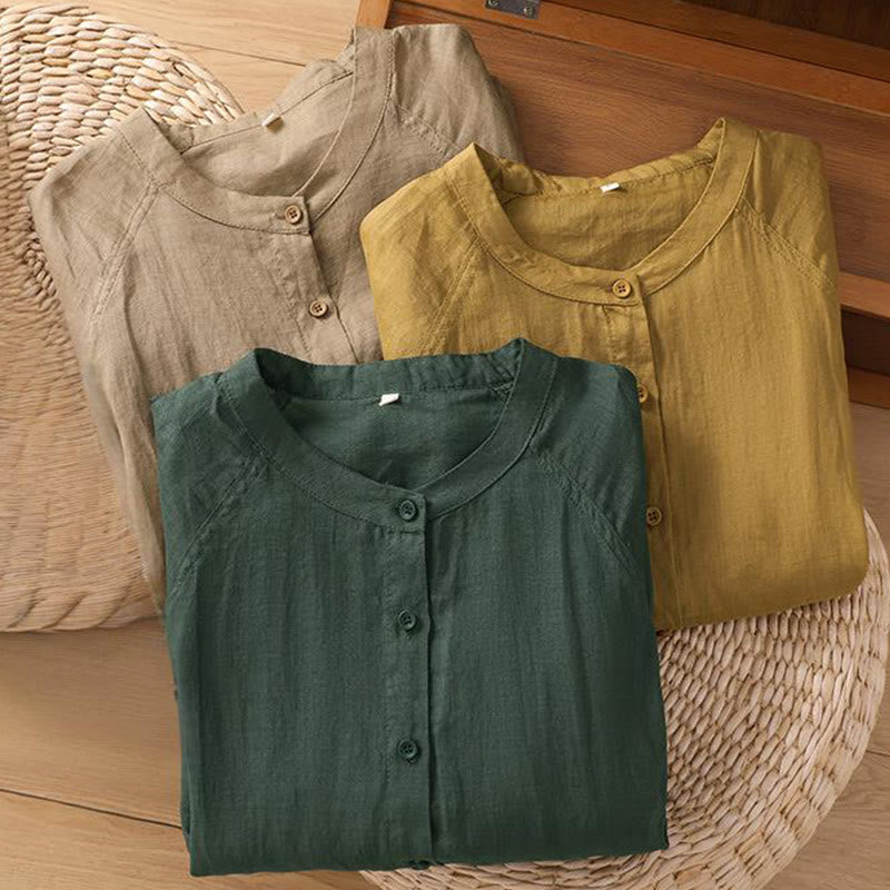 Buddha Stones Vintage Three Quarter Sleeve Cotton Linen Women's Shirt With Pockets