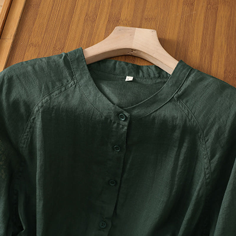 Buddha Stones Vintage Three Quarter Sleeve Cotton Linen Women's Shirt With Pockets