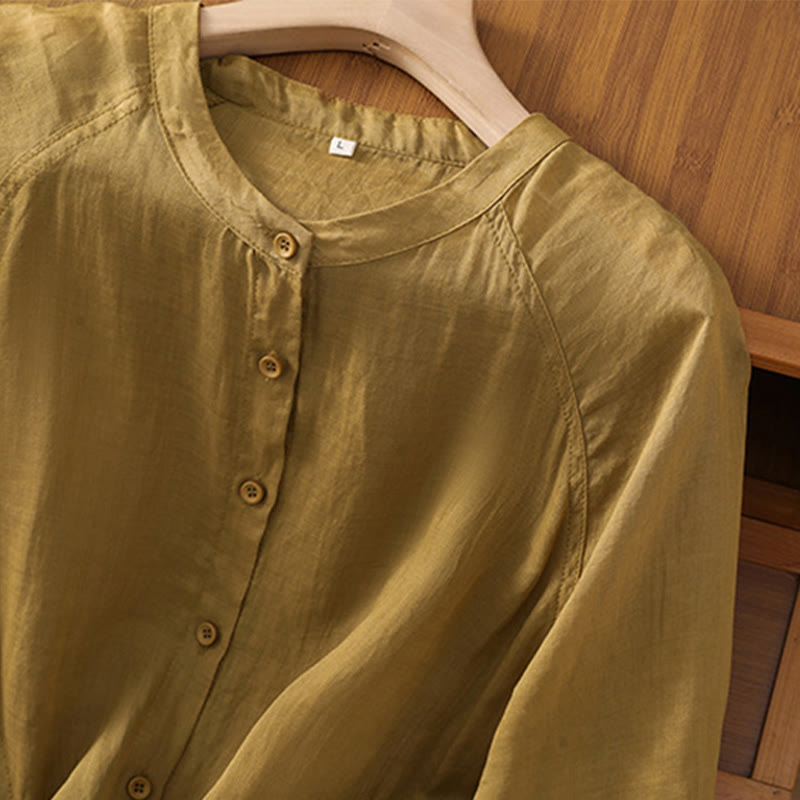 Buddha Stones Vintage Three Quarter Sleeve Cotton Linen Women's Shirt With Pockets