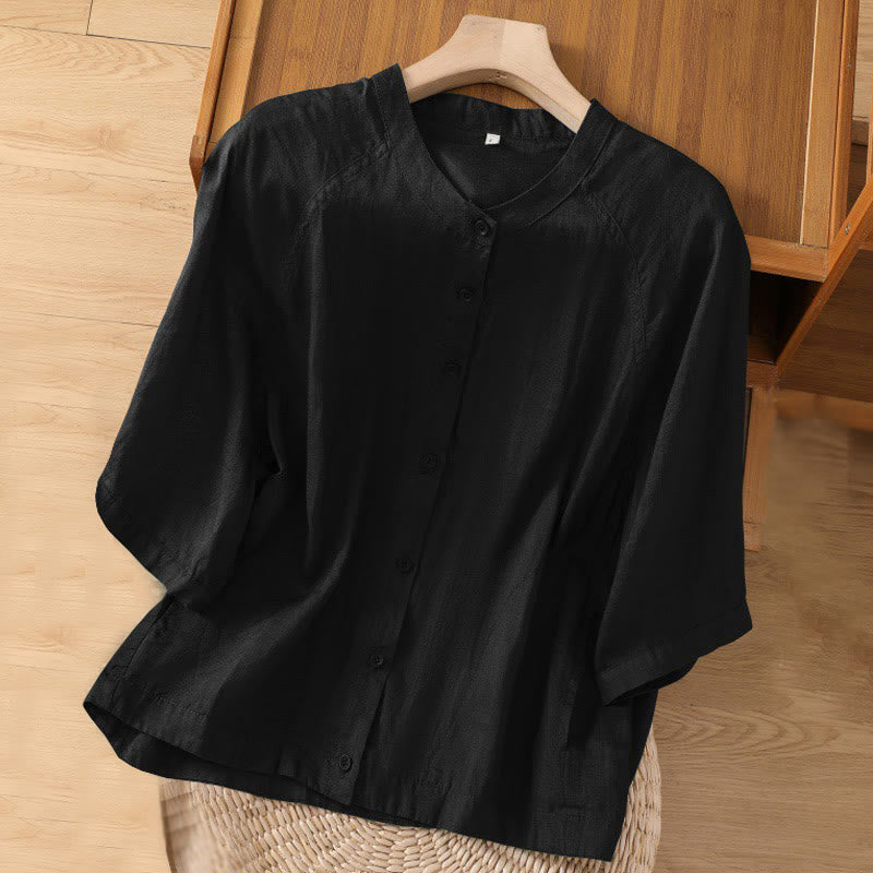 Buddha Stones Vintage Three Quarter Sleeve Cotton Linen Women's Shirt With Pockets