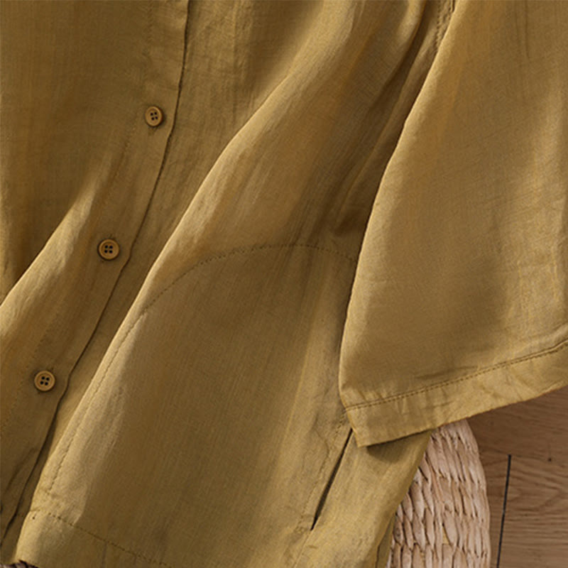 Buddha Stones Vintage Three Quarter Sleeve Cotton Linen Women's Shirt With Pockets