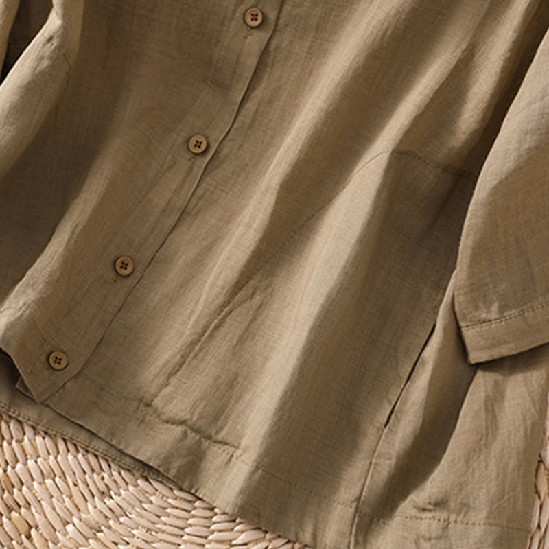 Buddha Stones Vintage Three Quarter Sleeve Cotton Linen Women's Shirt With Pockets