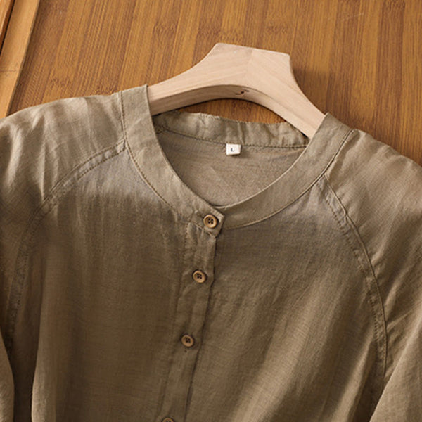 Buddha Stones Vintage Three Quarter Sleeve Cotton Linen Women's Shirt With Pockets