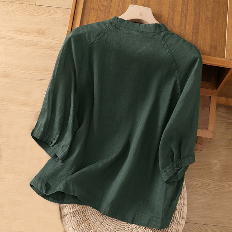 Buddha Stones Vintage Three Quarter Sleeve Cotton Linen Women's Shirt With Pockets