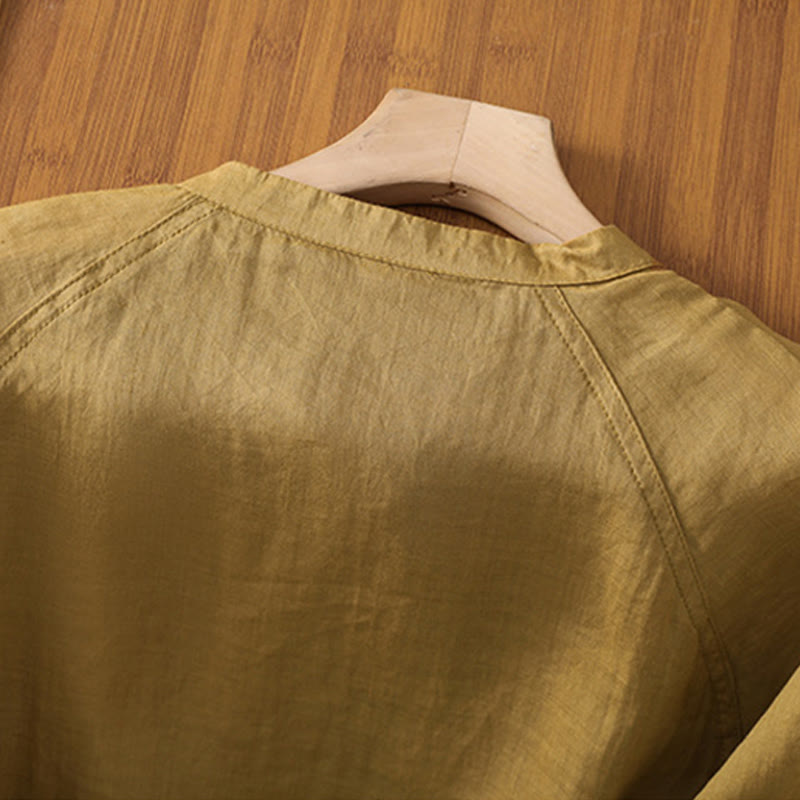 Buddha Stones Vintage Three Quarter Sleeve Cotton Linen Women's Shirt With Pockets