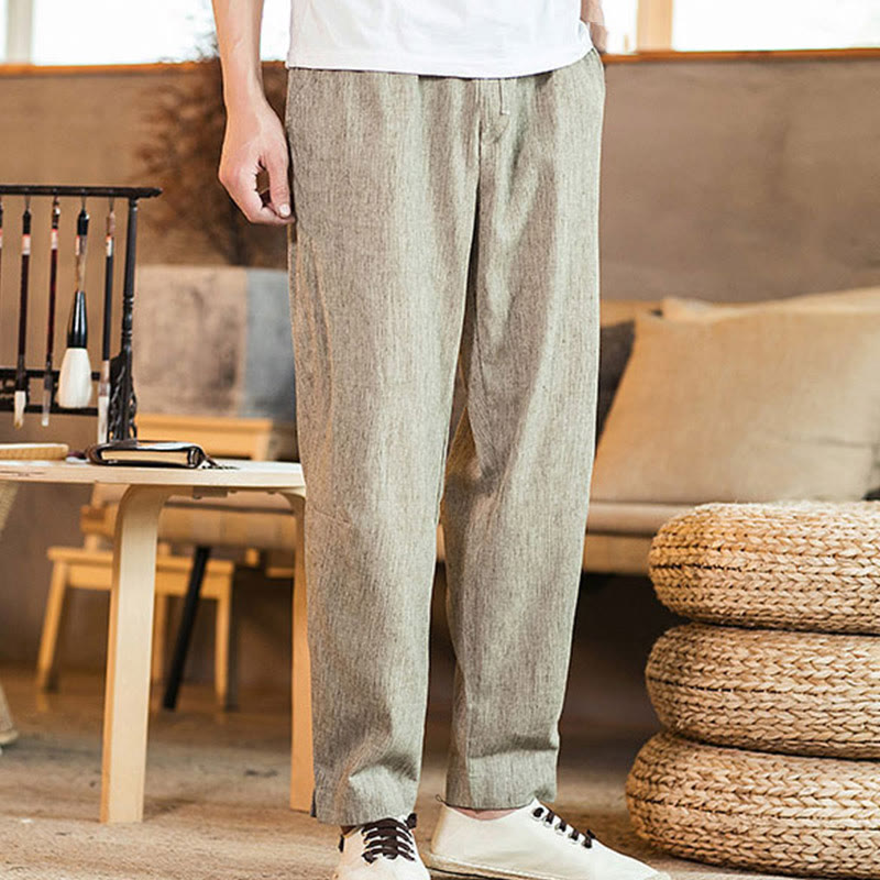 Buddha Stones Solid Color Linen Drawstring Tapered Men's Pants With Pockets