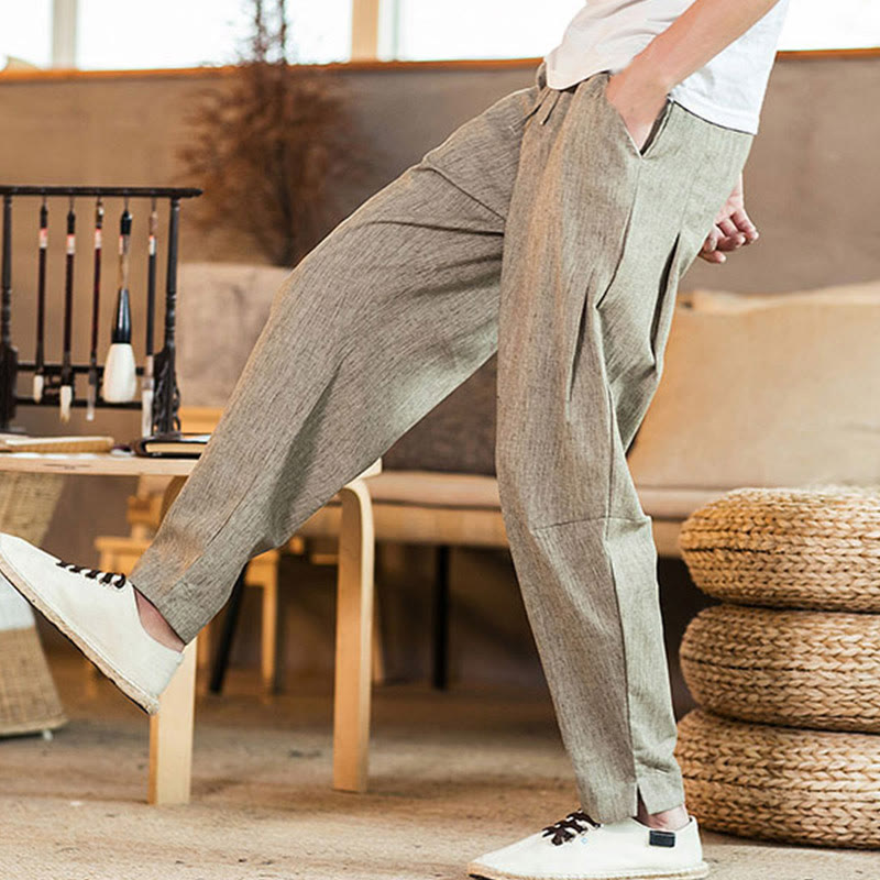 Buddha Stones Solid Color Linen Drawstring Tapered Men's Pants With Pockets