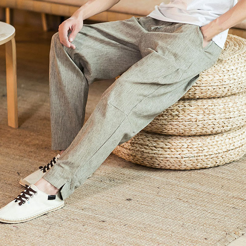 Buddha Stones Solid Color Linen Drawstring Tapered Men's Pants With Pockets