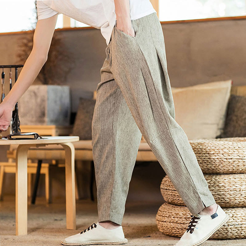 Buddha Stones Solid Color Linen Drawstring Tapered Men's Pants With Pockets