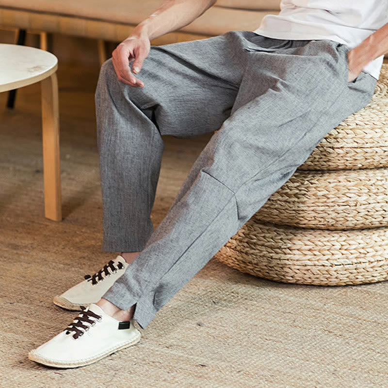Buddha Stones Solid Color Linen Drawstring Tapered Men's Pants With Pockets