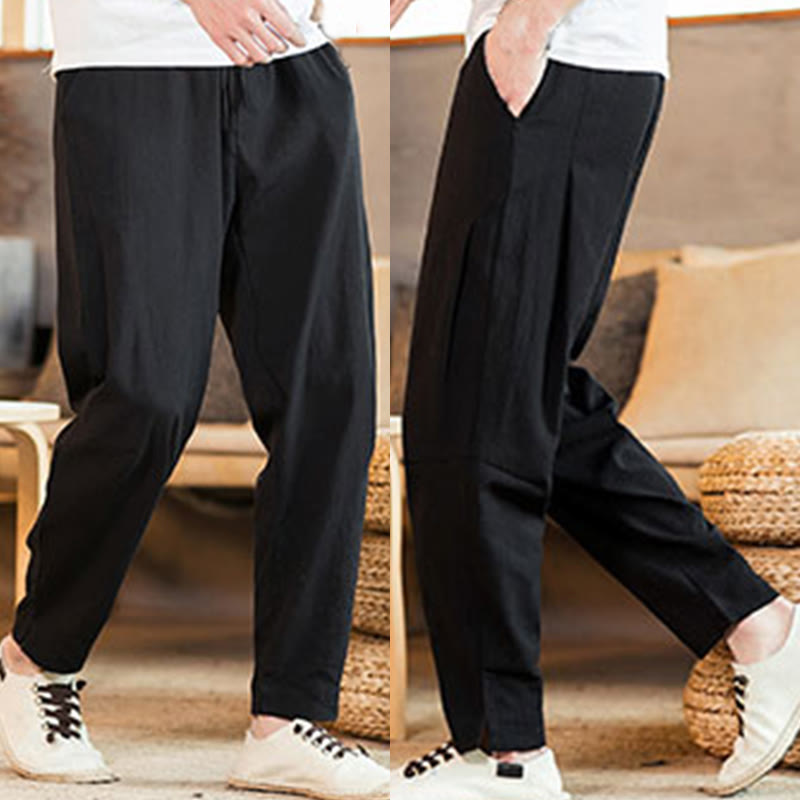 Buddha Stones Solid Color Linen Drawstring Tapered Men's Pants With Pockets