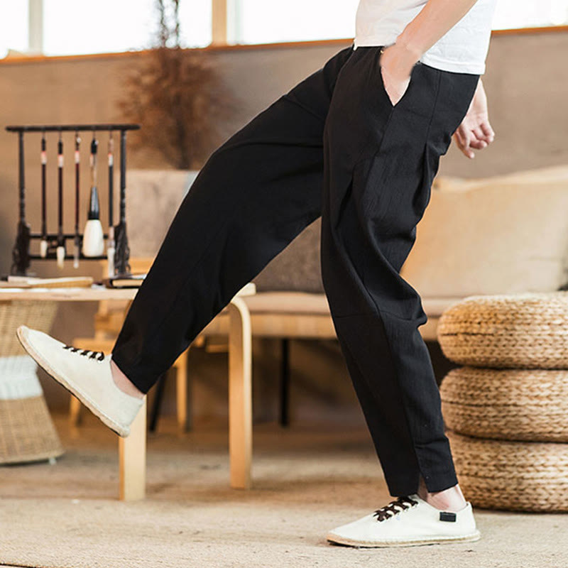 Buddha Stones Solid Color Linen Drawstring Tapered Men's Pants With Pockets