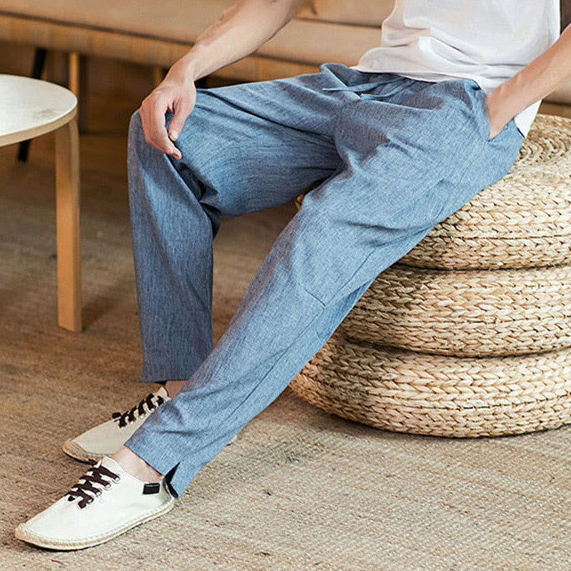 Buddha Stones Solid Color Linen Drawstring Tapered Men's Pants With Pockets