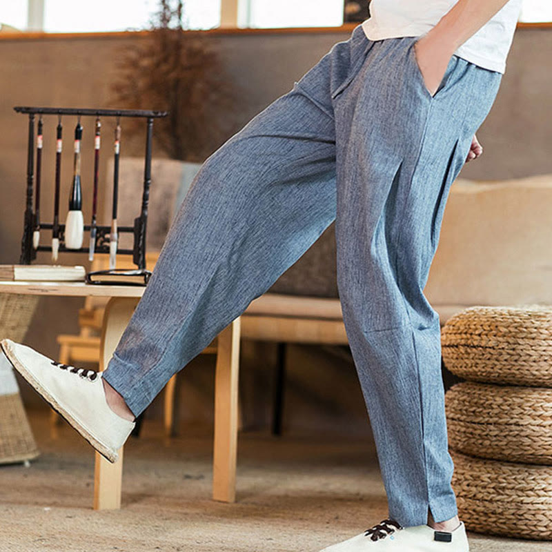 Buddha Stones Solid Color Linen Drawstring Tapered Men's Pants With Pockets