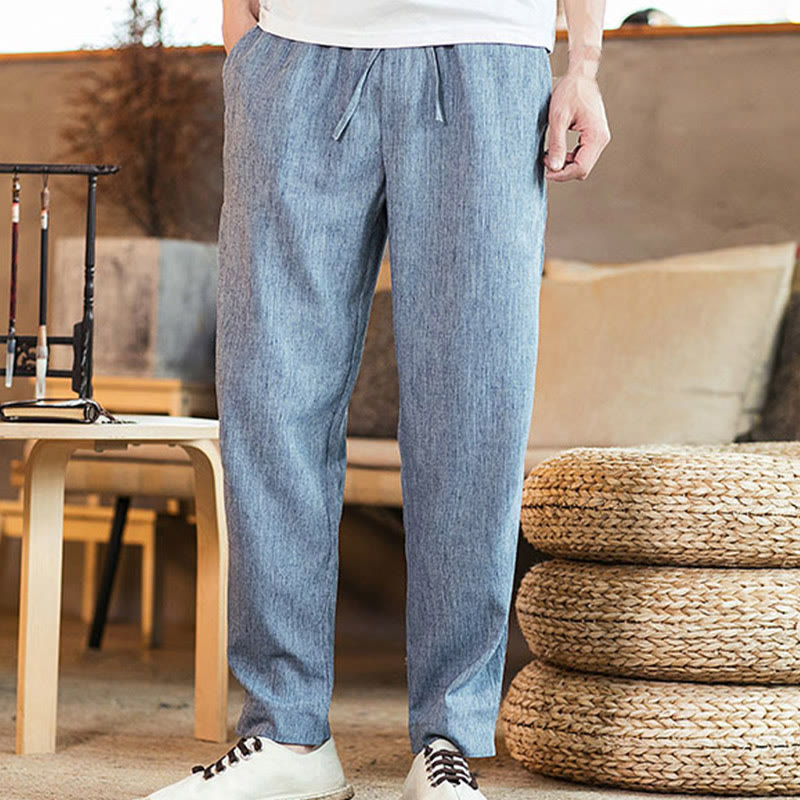 Buddha Stones Solid Color Linen Drawstring Tapered Men's Pants With Pockets