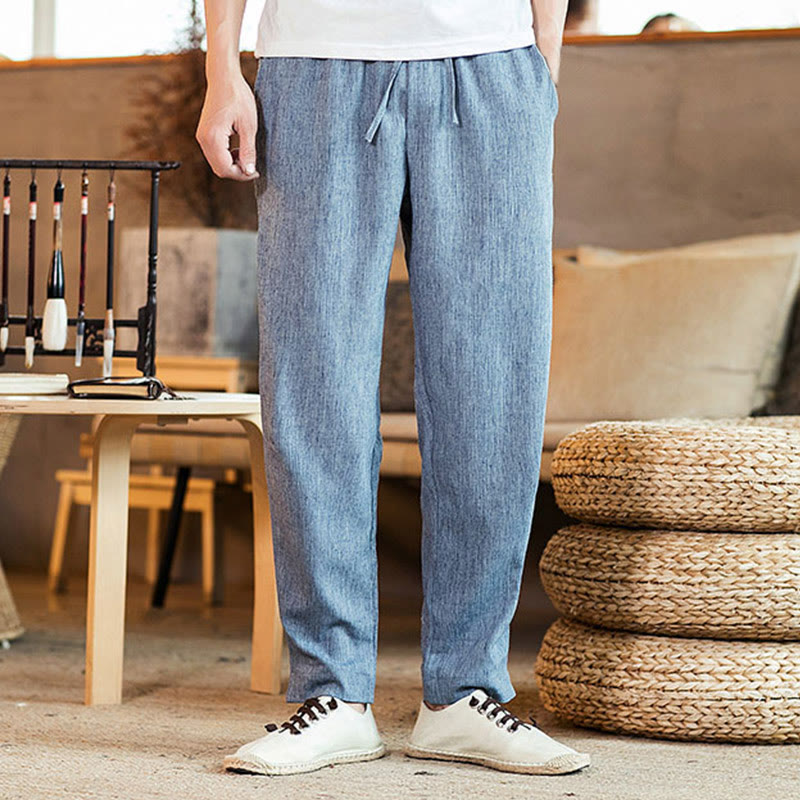 Buddha Stones Solid Color Linen Drawstring Tapered Men's Pants With Pockets
