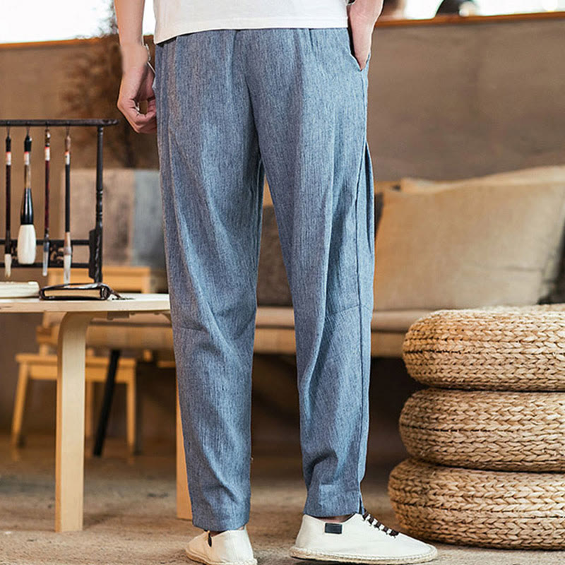 Buddha Stones Solid Color Linen Drawstring Tapered Men's Pants With Pockets