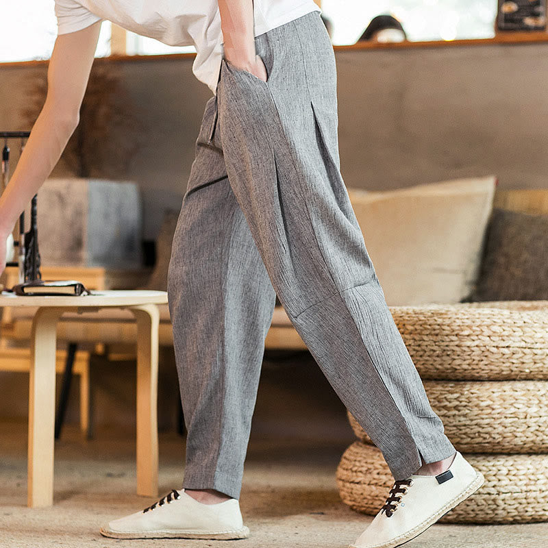 Buddha Stones Solid Color Linen Drawstring Tapered Men's Pants With Pockets