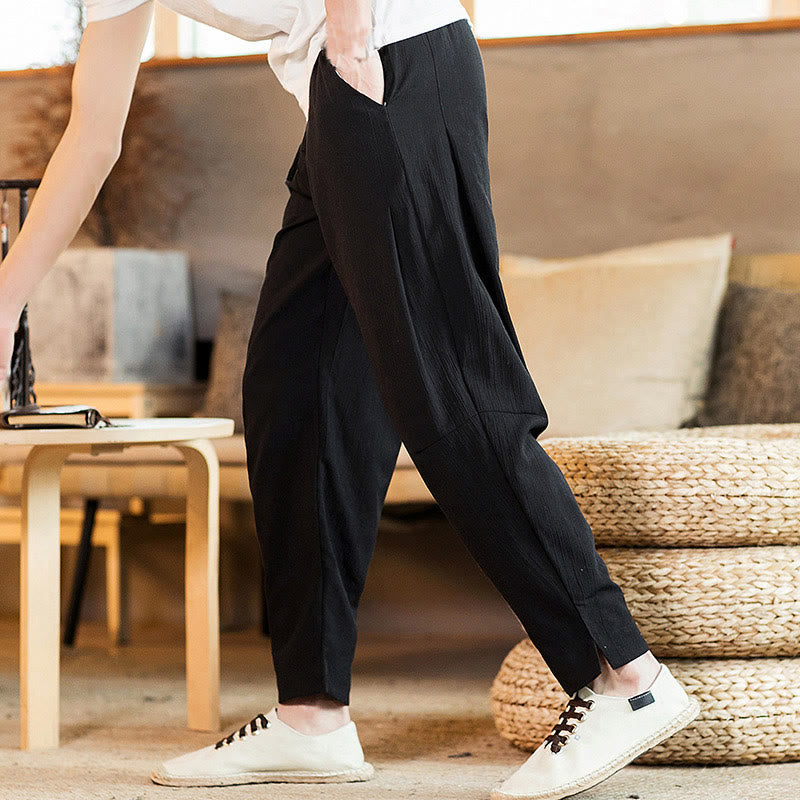 Buddha Stones Solid Color Linen Drawstring Tapered Men's Pants With Pockets