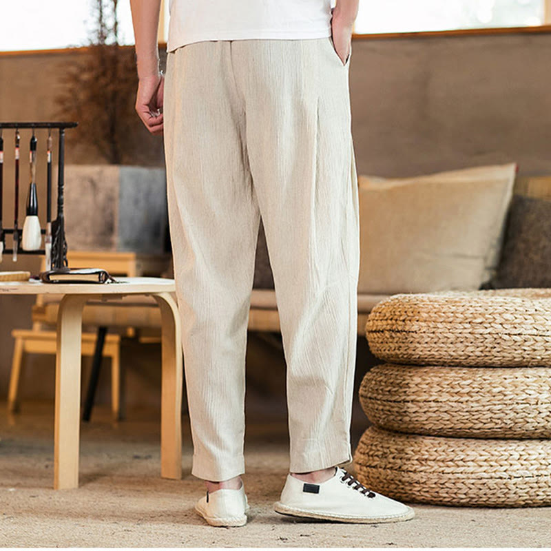 Buddha Stones Solid Color Linen Drawstring Tapered Men's Pants With Pockets