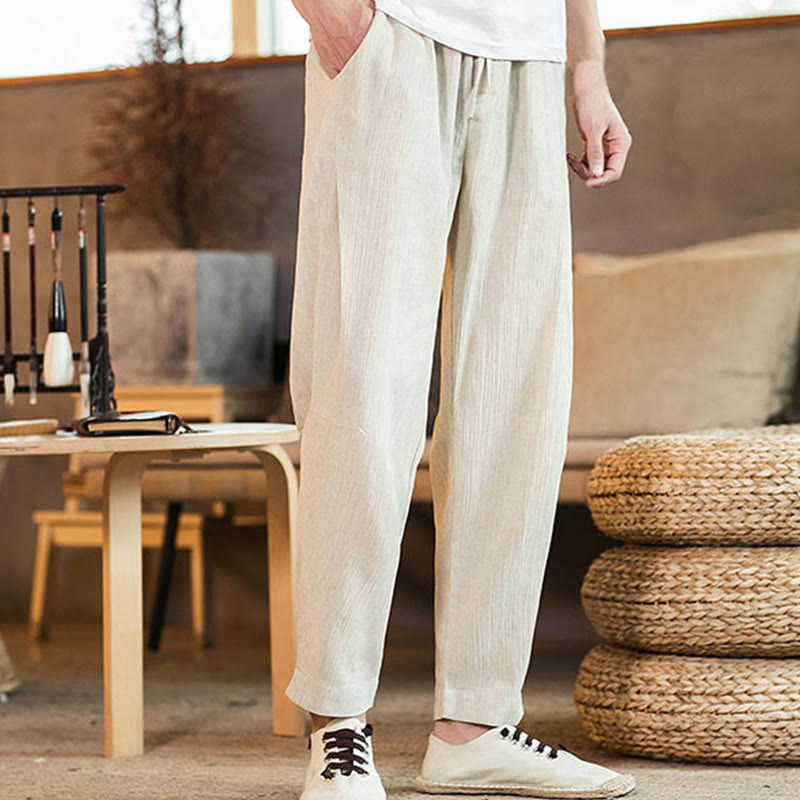Buddha Stones Solid Color Linen Drawstring Tapered Men's Pants With Pockets