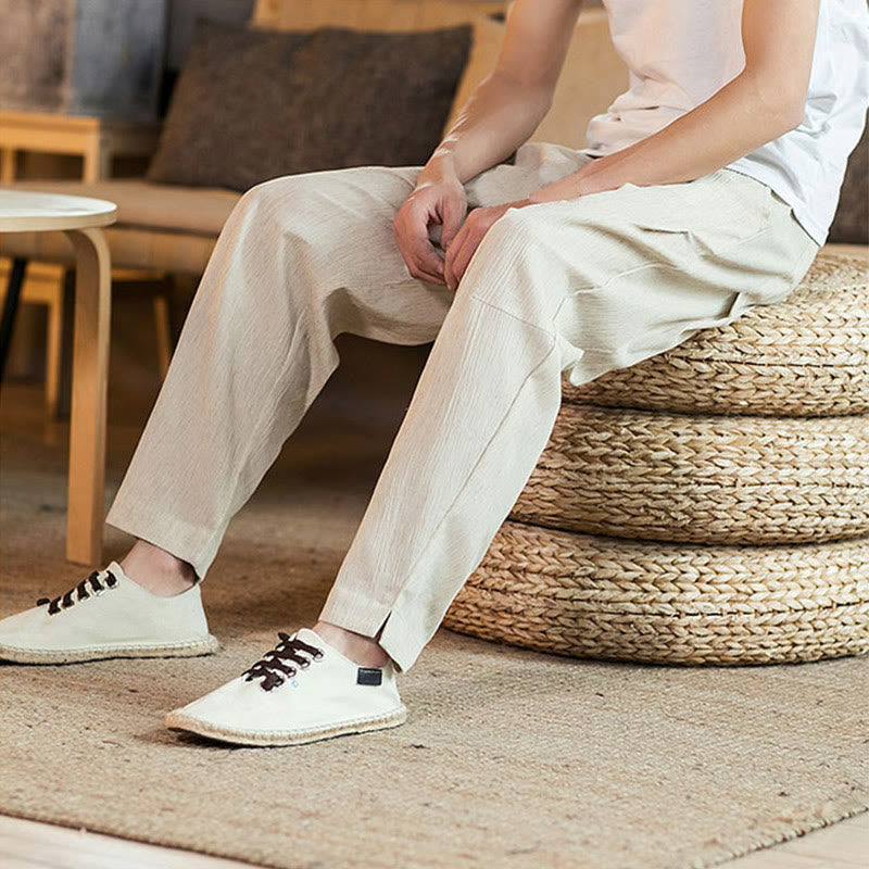 Buddha Stones Solid Color Linen Drawstring Tapered Men's Pants With Pockets