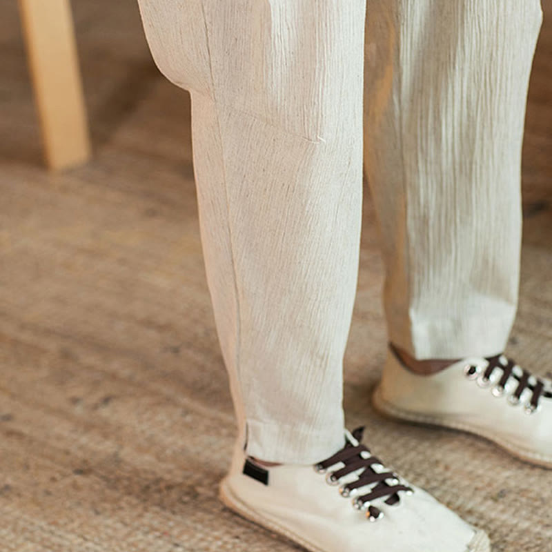 Buddha Stones Solid Color Linen Drawstring Tapered Men's Pants With Pockets