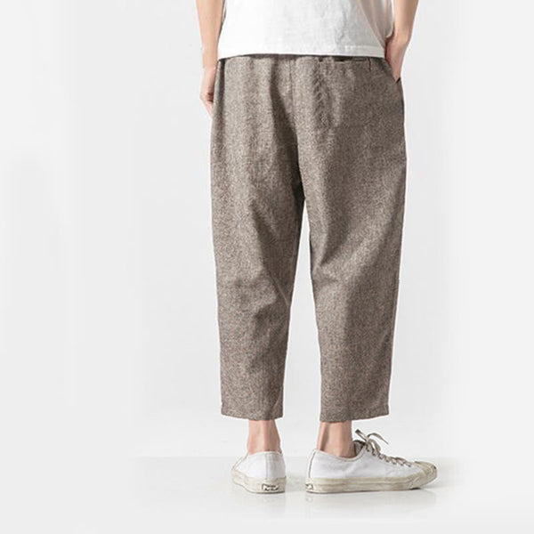 Buddha Stones Summer Plain Men's 7-8 Length Cotton Linen Pants With Pockets